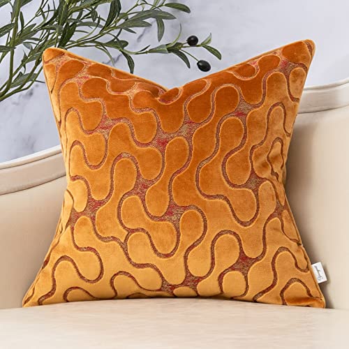 Orange Yellow Square Throw Pillow Cover Wavy Velvet Cushion Cover Modern Zippered Pillowcase for Sofa Couch Bedroom Living Room Chair, 20 x 20 Inch - color: Orange Yellow, size: 20" x 20" (Pack of 1)