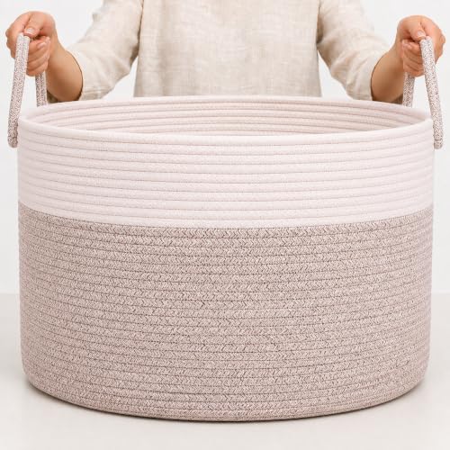OrganiHaus Round Toy Basket & Blanket Basket, Cotton Rope 20x13" | Brown / Off-White - Round Cotton Rope Basket, 20x13" - color: Brown / Off-White, size: Wide