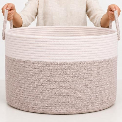 OrganiHaus Round Toy Basket & Blanket Basket, Cotton Rope 20x13" | Brown / Off-White - Round Cotton Rope Basket, 20x13" - color: Brown / Off-White, size: Wide