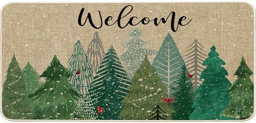 ORTIGIA Winter Doormat 17x36 Inch, Christmas Tree Snow Winter Xmas Door Mat for Entrance Yard Patio Floor Welcome Rug for Indoor Outdoor Decoration - size: 17 x 36 x 0.3 inches