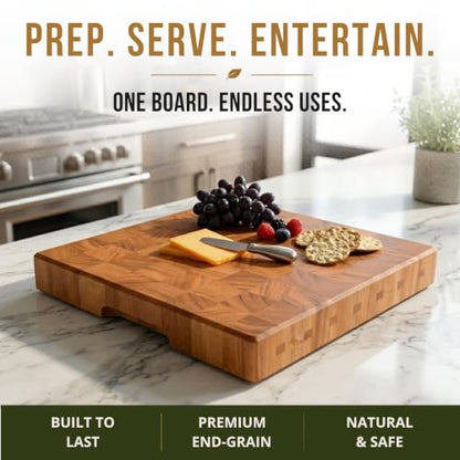 SHUMARU Mahogany End Grain Cutting Board 12.6×12.6×2 in with Holder – Handmade Checkered Butcher Block, Knife-Friendly, Non-Slip Feet, Ergonomic Handles - color: Mahogany | End Grain, size: 12.6"L x 12.6"W x 2"T