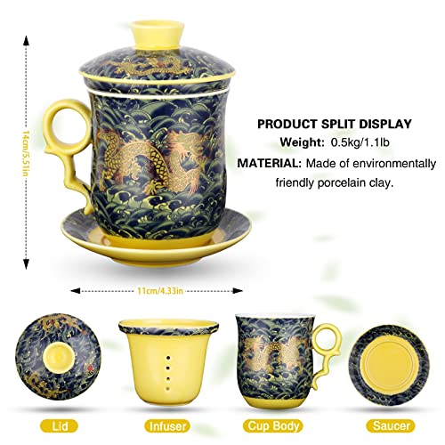 Chinese Tea Cup with Lid, Dragon Pattern, Dark Green, 11.8 fl oz (350ml) | Asian tea cup with lid, dragon pattern, removable infuser, matching saucer, for personal loose-leaf brewing - color: Dark Green