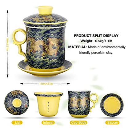 Chinese Tea Cup with Lid, Dragon Pattern, Dark Green, 11.8 fl oz (350ml) | Asian tea cup with lid, dragon pattern, removable infuser, matching saucer, for personal loose-leaf brewing - color: Dark Green