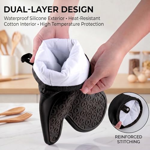 Silicone Oven Mitts 2-Pack, 13.5"x7.28" Heat Resistant 500°F, Non-Slip BPA-Free with Soft Cotton Lining, Kitchen Gloves for Baking, Cooking, BBQ & Grilling (Black) - color: Black