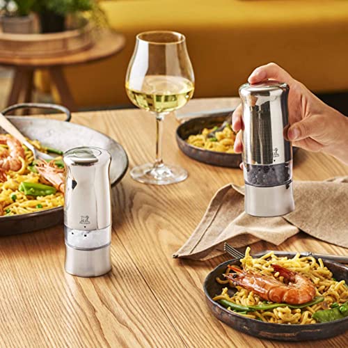 Electric salt and pepper mill duo in stainless steel, 14 cm