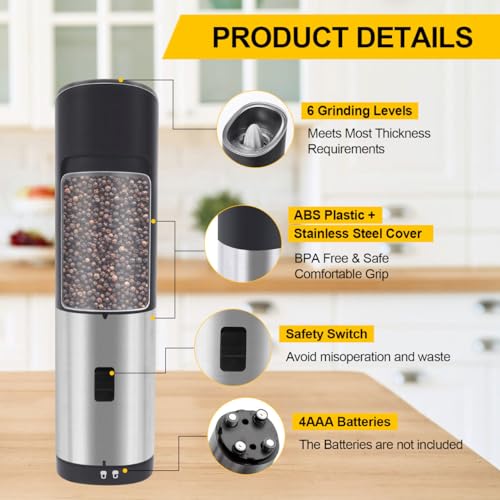 Gravity Electric Salt and Pepper Grinder Set with Adjustable Coarseness, Large Capacity, Stainless Steel, Portable, Not Easily Knocked Over, Kitchen Utensils Gadgets for Dining Home Gift