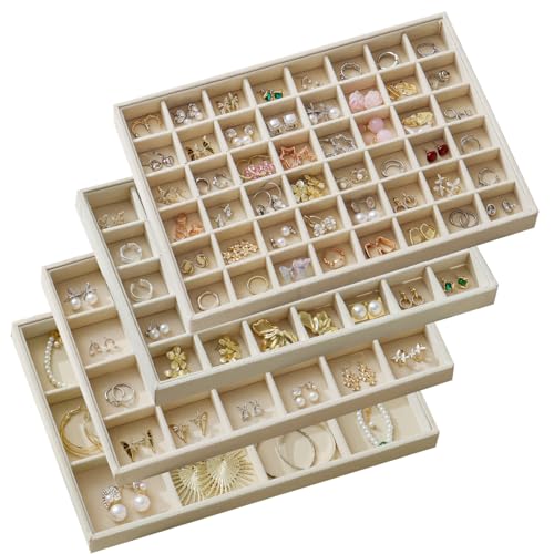 Large Velvet Jewelry Drawer Organizer Trays Set of 4 | Stackable Jewelry Trays Organizer Display Storage Showcase for Earring Necklace Bracelet Ring (Beige, 12+24+35+48 Grids) - color: Beige, size: 12+24+35+48 Grids
