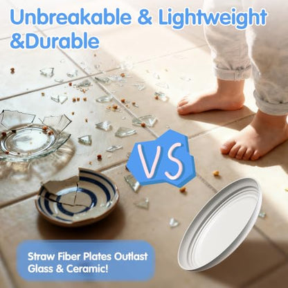 Quatish 16 PCS Unbreakable Reusable Plastic Plates,8 inch Dishwasher & Microwave Safe Dinner Plate, Easy-to-Clean Lightweight,Portable for Kitchen & Picnics Wheat Straw Plates （Beige） - color: Beige