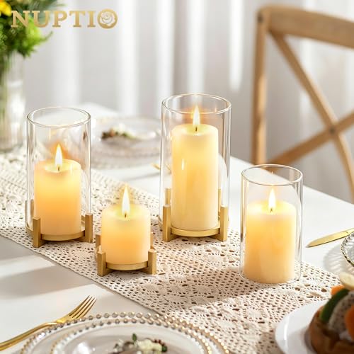 NUPTIO Gold Pillar Candle Holder: Hurricane Glass Candle Stands with Sleeve | Set of 3 Brass Decor with Clear Cover for Thanksgiving Christmas Fireplace Table Centerpiece