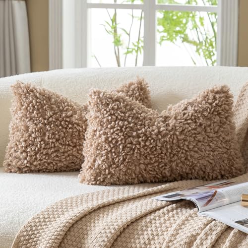 2 Pieces 12x20 Inch Khaki Faux Fur Lumbar Throw Pillow Covers Boucle Decorative Sherpa Pillow Covers Thick Fuzzy Fleece Pillowcases Cushion Covers for Sofa Couch Bed Living Room - color: Khaki, size: 20" x 12" (Pack of 2)