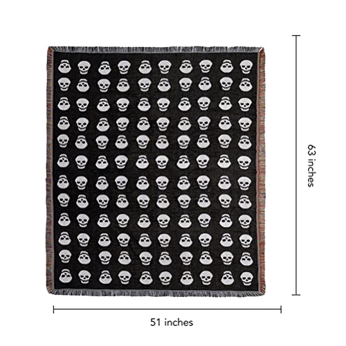 Horror Style Halloween Skulls Throw Woven Blanket with Tassel for Home Decoration Chair Couch Sofa Bed Beach Travel Picnic Cloth Tapestry Shawl Cozy Cotton (Black 63×51 Inches)