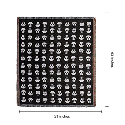 Horror Style Halloween Skulls Throw Woven Blanket with Tassel for Home Decoration Chair Couch Sofa Bed Beach Travel Picnic Cloth Tapestry Shawl Cozy Cotton (Black 63×51 Inches)