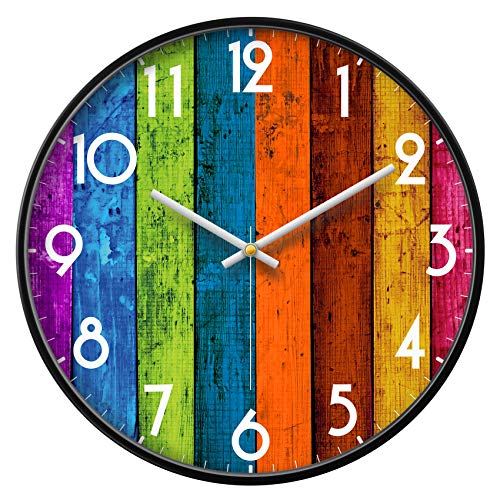 Silent Non-Ticking Analog Wall Clock, Colorful Wood Print, 14'' | Battery Operated, Modern, Metal Frame & HD Tempered Glass, Decorative for Home & Office, Bedroom, Kitchen, Living Room - color: Multicolor, size: 14inch