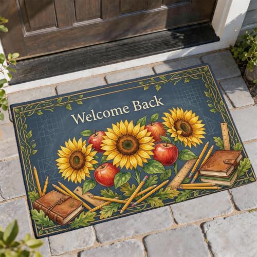 Sunflower Welcome Door Mat, Rustic Seasonal Fruits Book Fall Yellow Washable Low Profile Decorative Doormat for Home Indoor Outdoor Entryway Porch Decor 29x17 Inch