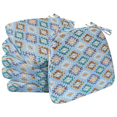 AAAAAcessories D-Shaped Chair Cushions, 2" Thick Dining Chair Pads with Ties and Removable, Machine-Washable Cover, 17" x 16", Set of 6, Geometric Blue - color: Geometric Blue, size: 6 Count(Pack of 1)