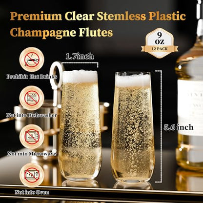 Guanqiao 12 Pack Stemless Plastic Champagne Flutes, 9 oz Clear Disposable Plastic Glasses, Heavy Duty Shatterproof Recyclable Mimosa Glasses for Party Wine Tasting Wedding New Years Eve Party Supplies - color: Clear, size: 12-Pack