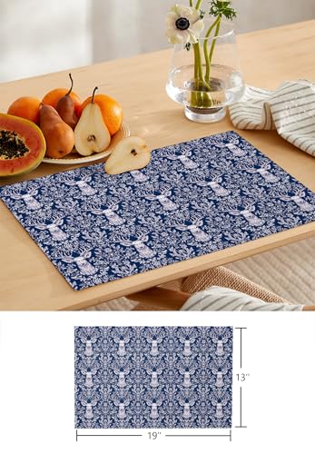 Table Runner and Placemats Set of 6 Branches Leaves Decorative Dining Table Runner with Matching Placemats Deer Head Table Decor for Kitchen Dining Room and Everyday Use 13x70in - size: 13"x70"+6pcs