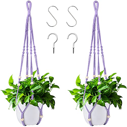 Macrame Hanging Planter, Hanging Planters for Indoor Outdoor Home Decor, Hanging Plant Holder No Tassels Set of 2 with 4 Hooks - color: Purple, size: 35 Inches