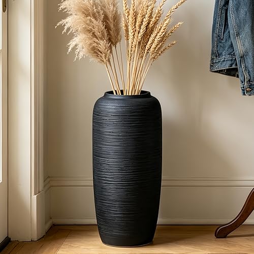 Black Rustic Ceramic Floor Vase, 15.7 Inch, Ribbed Texture | Living Room, Entryway, Fireplace, Pampas Grass, Dried Branches - size: 15.7 Inch