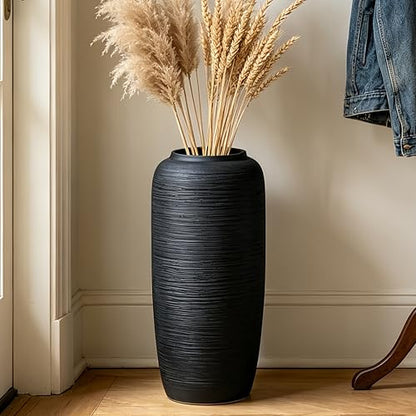 Black Rustic Ceramic Floor Vase, 15.7 Inch, Ribbed Texture | Living Room, Entryway, Fireplace, Pampas Grass, Dried Branches - size: 15.7 Inch