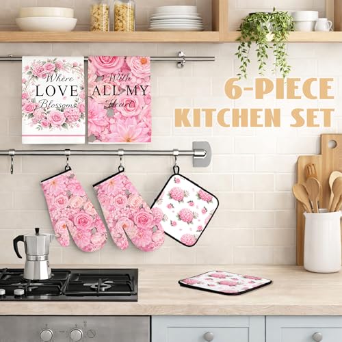 Pink Floral Kitchen Towel and Oven Mitt Set, 6 Piece Rose Floral Farmhouse Kitchen Accessories, Waterproof Heat Resistant Decor for Women