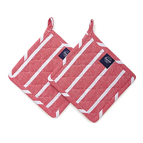 Encasa XO Pot Holders, Quilted Kitchen Hot Pads 8"x8" Roma Red Stripes | 100% Eco-Friendly Cotton | Thick Cotton Padding Insulation | Convenient Hanging Loop | Set of 2 - color: Roma Red Stripes