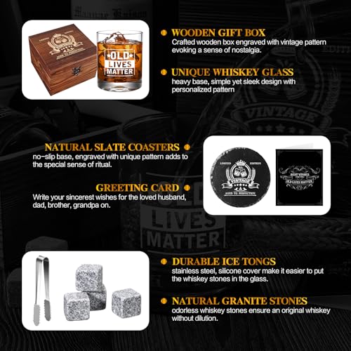 Old Lives Matter Whiskey Glasses, Funny Retirement Gifts for Old Man | 12oz Old Fashioned Whisky Gifts for Men Christmas, Grandpa, Dad, Gag Gift with Whiskey Stones, Coaster, Wooden Box - style: Old Lives Matter Whiskey Glass