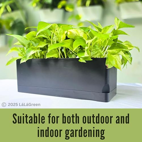 LaLaGreen Planters for Indoor Plants (7 Pack) Rectangular Flower Boxes | Self-Watering System Black Window Box Planter, Plastic Herb Garden Long Windowsill Plant with Drainage Modern Stylish Outdoor - color: Black