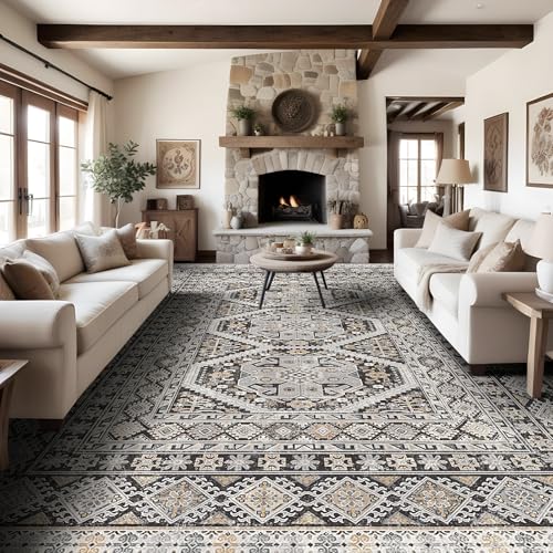 Large Area Rug 10x14 Non-slip: Washable Rug for Living Room Floor Black | Oriental Vintage Carpet Soft Low Pile for Bedroom Dining Room Farmhouse Indoor Home Office Decor - color: Black, size: 10' x 14' (Rectangular)