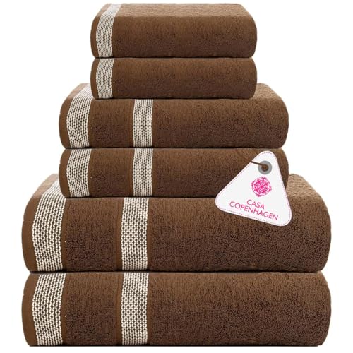 CASA COPENHAGEN Solitaire 6Pcs 100% Egyptian Cotton Large Designer Towels Gift Set- Brown, 600GSM, 2Bath 2Hand 2Washcloths, Bath Towels for Bathroom Set for Women & Men - color: Solitaire 6pcs Towel Set Brown, size: 6 Pieces