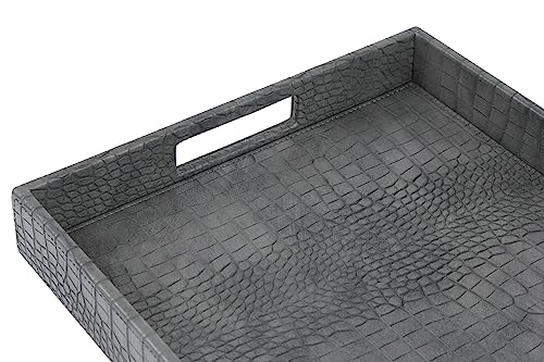 HofferRuffer Rectangle Serving Tray with Hole Handles for Coffee Table, Breakfast, Tea, Food, Butler - Countertop, Kitchen, Vanity Serve Tray, 16.2 x 12.2 x 2 inches, Faux Leather Tray (Dark Grey) - color: Dark Grey