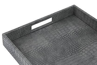 HofferRuffer Rectangle Serving Tray with Hole Handles for Coffee Table, Breakfast, Tea, Food, Butler - Countertop, Kitchen, Vanity Serve Tray, 16.2 x 12.2 x 2 inches, Faux Leather Tray (Dark Grey) - color: Dark Grey