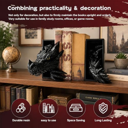 Dragon Bookends Ornaments, Gothic Fantasy Bookends, Book Lovers Unique Resin Shelf Holder Set, Functional Resin Animal Statue Sculpture Book Holder for Home Office Bookshelf（Gold） - color: A