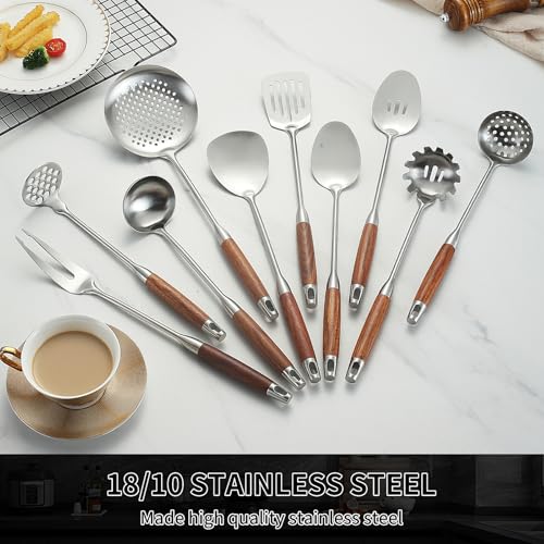 Izurok 18/10 Stainless Steel Kitchen Utensils Set,10 Piece Cooking Utensils With Wood Handle,Heat Resistant Kitchen Tool Set With Spatula,Spoon,Ladle,Skimmer,Slotted Turners,Pasta,Turner,Ladl,Fork - color: SILVER-10 Pieces, size: Small