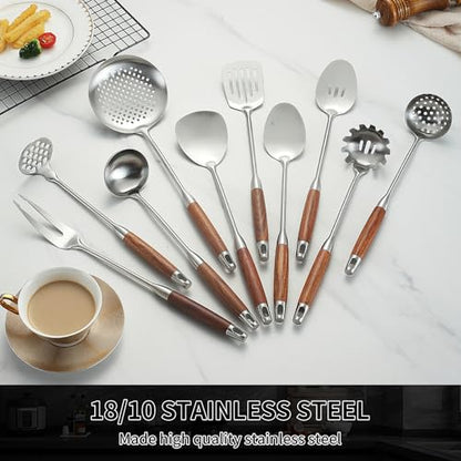 Izurok 18/10 Stainless Steel Kitchen Utensils Set,10 Piece Cooking Utensils With Wood Handle,Heat Resistant Kitchen Tool Set With Spatula,Spoon,Ladle,Skimmer,Slotted Turners,Pasta,Turner,Ladl,Fork - color: SILVER-10 Pieces, size: Small