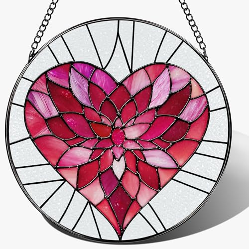 Stained Glass Window Hanging - 8 Inch Valentine Sun Catcher, Suncatcher Window Decor | Anniversary, Birthday, Christmas, Mother's Day, Valentine’s Day Gifts for Couple, Lover, Mom, Wife, Girlfriend - color: Heart