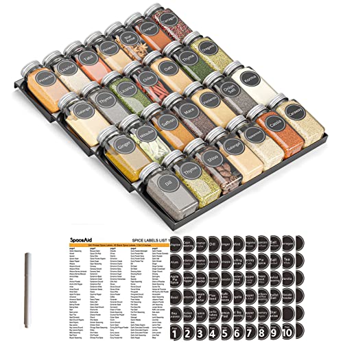 SpaceAid Spice Drawer Organizer with 28 Spice Jars, 386 Spice Labels, 4 Tier Seasoning Rack Tray Insert for Kitchen Drawers, 13" Wide x 17.5" Deep - size: 28 Jars, 13" Wide