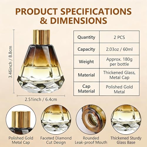 2Pcs 60ml/2oz Diffuser Bottles Empty Refillable Glass Diffusers Jars Aromatherapy Container Fragrance Accessories Use for DIY Replacement Diffuser Sticks Home Bathroom Decor