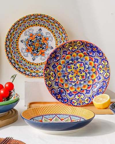 HENXFEN LEAD Boho Pasta Bowls Set of 6, 26 oz Wide Shallow Ceramic Bowls | Assorted Patterns, Ideal for Pasta, Salad, Soup, Risotto and Everyday Meals, Microwave and Dishwasher Safe - size: 26 Oz
