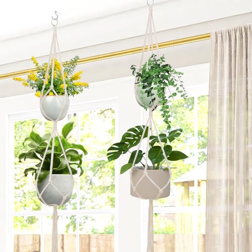 SNAIL GARDEN 2 Tier Macrame Plant Hanger, 2Pack Double Plant Hangers with Tassel Indoor Outdoor Hanging Planter Basket Handmade Cotton Rope Hanging Planters Set with 2Pcs Hooks for Boho Home Decor