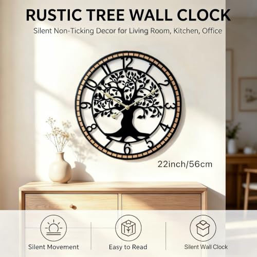 Large Wall Clock for Living Room Decor 22 Inch Tree of Life Metal Wall Art, Non-Ticking Battery Operated Metal Black with Solid Wood Frame for Office/Bedroom/Kitchen/Dining Room Decoration - size: B 22 Inch