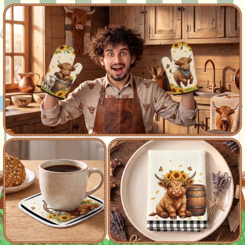 10PCS Highland Cow Kitchen Decor Set, Sunflower Towels Pot Holders Oven Mitts Mats for Home Baking Gifts