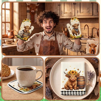 10PCS Highland Cow Kitchen Decor Set, Sunflower Towels Pot Holders Oven Mitts Mats for Home Baking Gifts