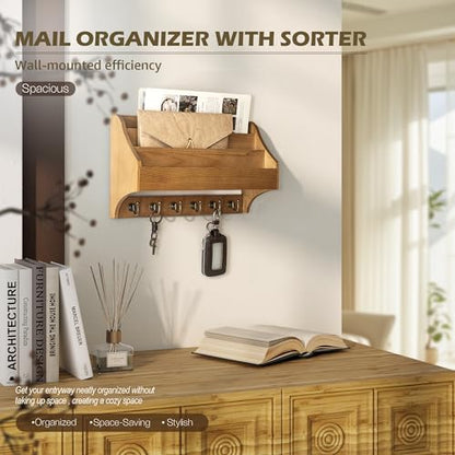 Rebee Vision Mail Organizer Wall Mounted with 6 Hooks for Entryway, Yellow | Pine Wood, Key Holder Wall Mount, 3-Tier Mail Holder, Sturdy Key Hooks, key Hanger, Home Office, Apartment Rustic Aesthetic - color: Yellow