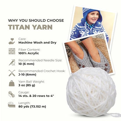 Mary Maxim Titan Bulky Yarn, Weight 5 Acrylic, Chunky Yarn for Crocheting and Knitting, Ideal for Thick, Soft Blankets, Throws, and Graph Style Sweaters, 80 Yards - White - 1 Skein - color: White