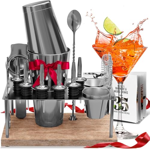 Bar Set Cocktail Shaker Set Bartender Kit, 17 Piece Silver Cocktail Set, Mixology Bartender Kit with Wood Stand, Steel Cocktail Kit, Bar Accessories: 30oz Martini Shaker, Muddler, Cocktail Book & More - color: Silver, size: 16 Piece + Stand