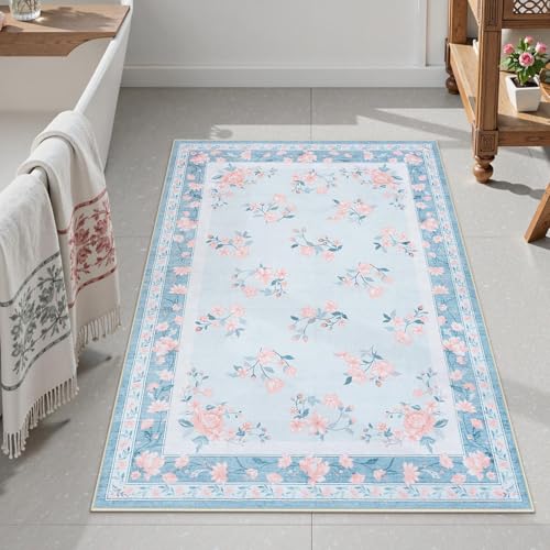 LIVEBOX Washable Rug 2x3 - Indoor Entry Way Rug Boho Low-Pile Small Rugs for Front Door Entrance, Floral French Country Throw Doormat Carpet Non-Slip Throw Rugs, Light Blue - color: Light Blue, size: 2' x 3' (Rectangular)