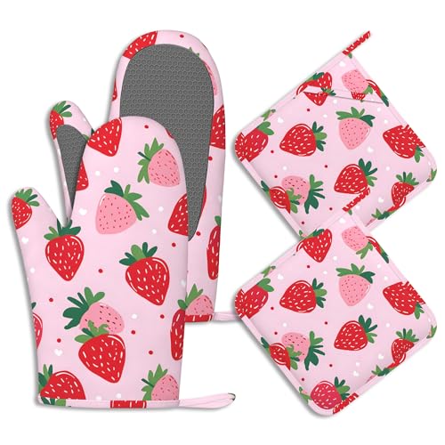 Pink Cute Strawberry Potholders & Oven Mitts Sets Summer Fruits Silicone Heat Resistant Oven Mits and Hot Pads Non-Slip Pot Holders Gloves for Kitchen Chef Cooking Baking Grilling BBQ - color: Pink Cute Strawberry,summer Fruits