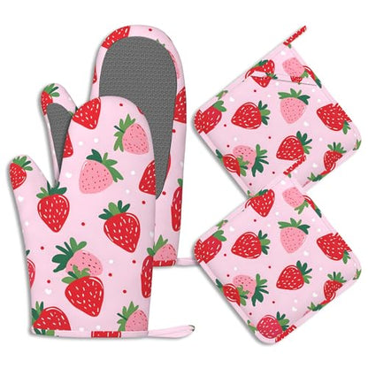 Pink Cute Strawberry Potholders & Oven Mitts Sets Summer Fruits Silicone Heat Resistant Oven Mits and Hot Pads Non-Slip Pot Holders Gloves for Kitchen Chef Cooking Baking Grilling BBQ - color: Pink Cute Strawberry,summer Fruits
