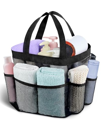 Mesh Shower Caddy Portable - 9 Pockets, Shower Bag for Dorm Room Camping | 2 Handle Quick Dry Shower Bag College Dorm Room Essentials Large Capacity Hanging Basket for Bathroom Travel Swimming Gym - color: Black
